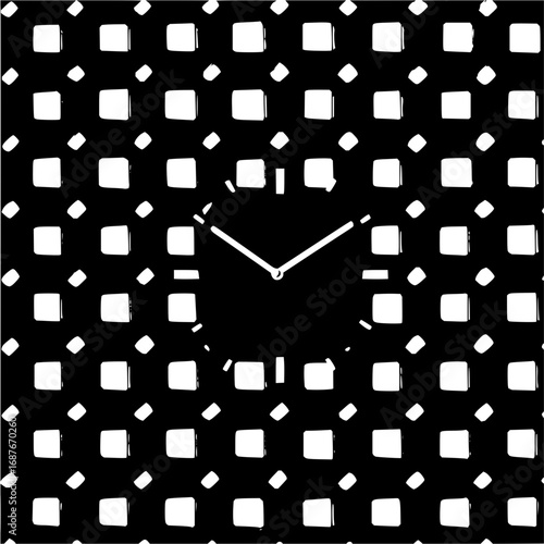 Abstract black and white square pattern clock design modern time piece wall decor home interior timekeeping
