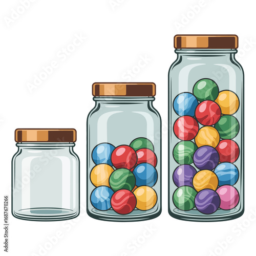 Three glass jars with colorful gumballs and one empty jar