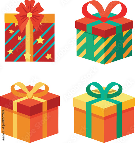 A festive set of colorful gift boxes with ribbons and bows for any holiday or birthday celebration