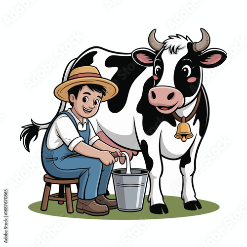 Farmer milking a cow on a farm