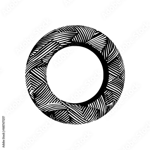 Abstract black and white donut shape vector illustration with geometric line pattern design element graphic 100