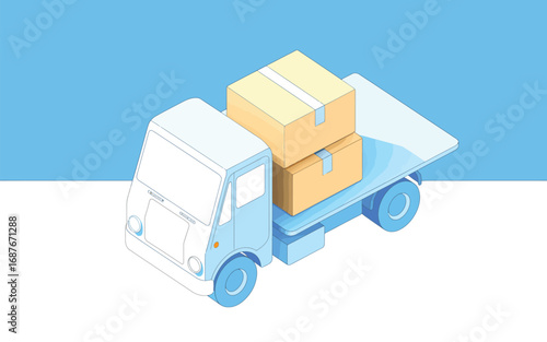 Isometric illustration of a light blue delivery truck carrying cardboard boxes