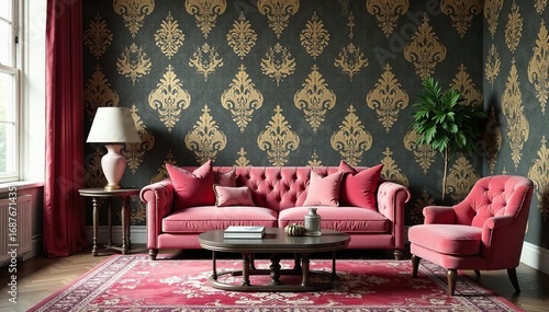 Luxurious damask-patterned wallpaper adorns a sophisticated living room, featuring plush velvet seating and ornate accents The room exudes elegance and timeless style , details, rich, fabric