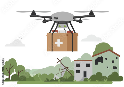 A drone delivers medical supplies to a damaged building amidst a rural landscape.  Clear, bright illustration showcasing aid delivery and disaster relief. Suitable for commercial use.