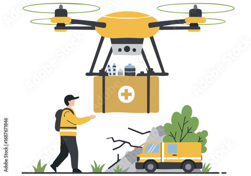 A drone delivers medical supplies to a disaster zone, assisted by a relief worker.  Illustrative, modern design.  Focus on smart relief flow.