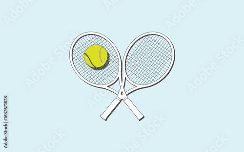 Two crossed tennis rackets with a yellow tennis ball on a light blue background