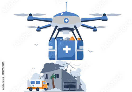 A drone delivers medical supplies to a disaster zone, showcasing rapid response and humanitarian aid. Clear, bright illustration.