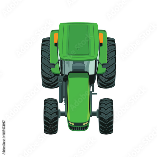 Bright green tractor viewed from directly above isolated on white background