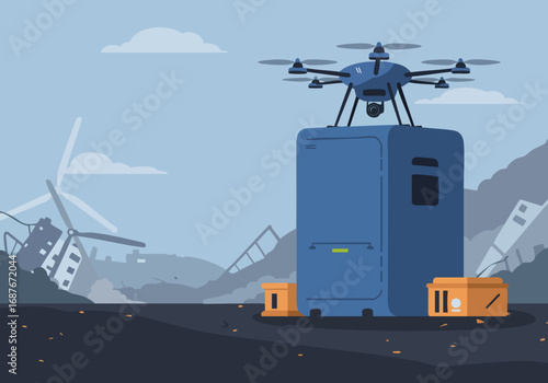 A modern drone inspects a green energy station amidst a post-disaster landscape. Clean lines, blue tones, and a focus on sustainable technology. Ideal for environmental and tech visuals.