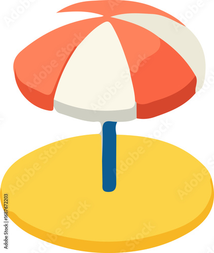 An illustration of a beach umbrella with a red and white canopy on a yellow sand circle.
