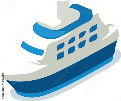 A stylized vector illustration of a large blue and white cruise ship, representing sea travel and vacations.