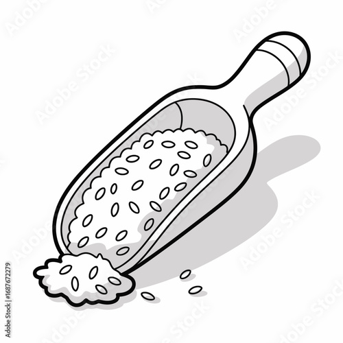 Wooden scoop filled with rice grains and spilling over