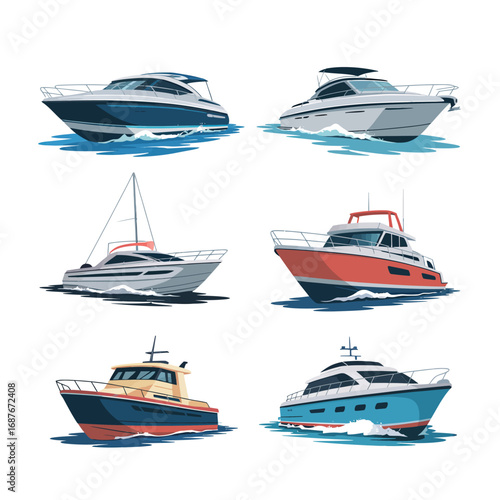 Collection of six different types of boats and yachts on water