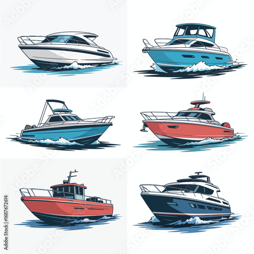Collection of six colorful watercolor illustrations of luxury yachts and speedboats