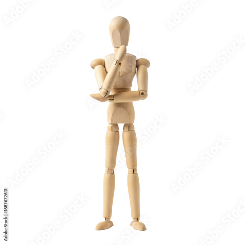 wooden mannequin doubt concept transparent background