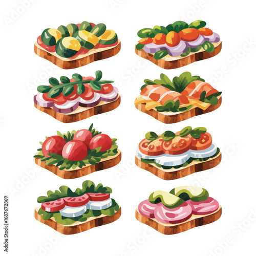Eight delicious open faced sandwiches with fresh vegetables and herbs