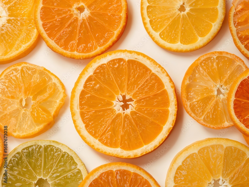 Fototapeta premium Citrus Slices Arrangement, A Symphony of Orange Hues on a Light Background.