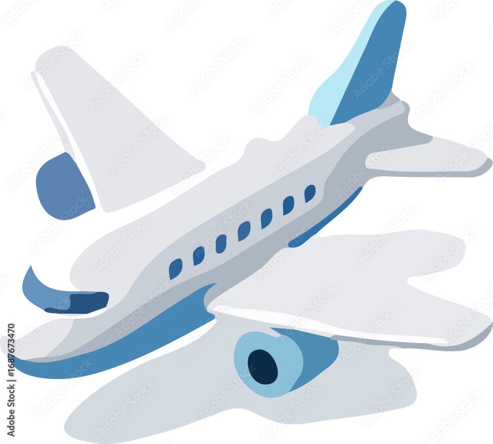 Naklejka premium A detailed illustration of a passenger airplane with a blue and white color scheme.