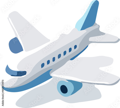 A detailed illustration of a passenger airplane with a blue and white color scheme.