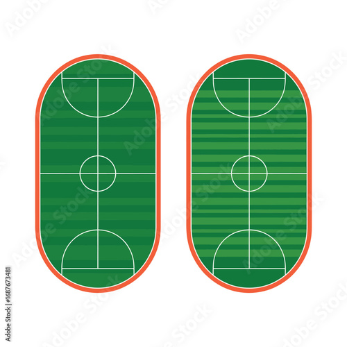 Top view of two green sports fields with white markings