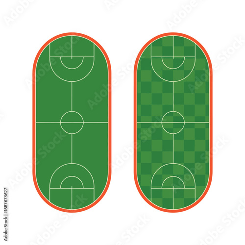 Two oval sports fields with court markings on green surface