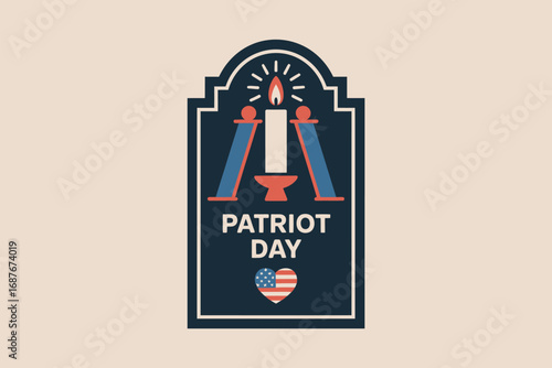 A patriot day emblem featuring a candle flame and american flag heart in a dark blue frame design