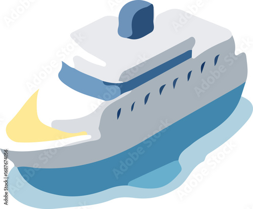 Illustration of a cruise ship on the water, viewed from an angle.