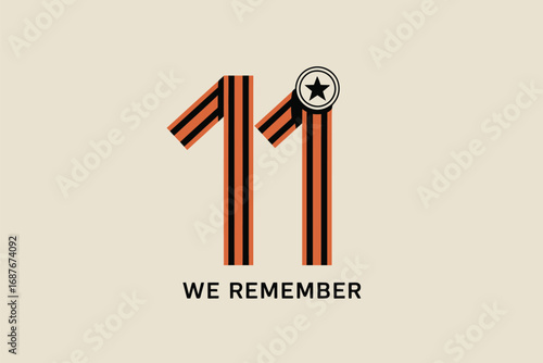 Eleven made of st george ribbon with a star on a beige background with we remember text below it