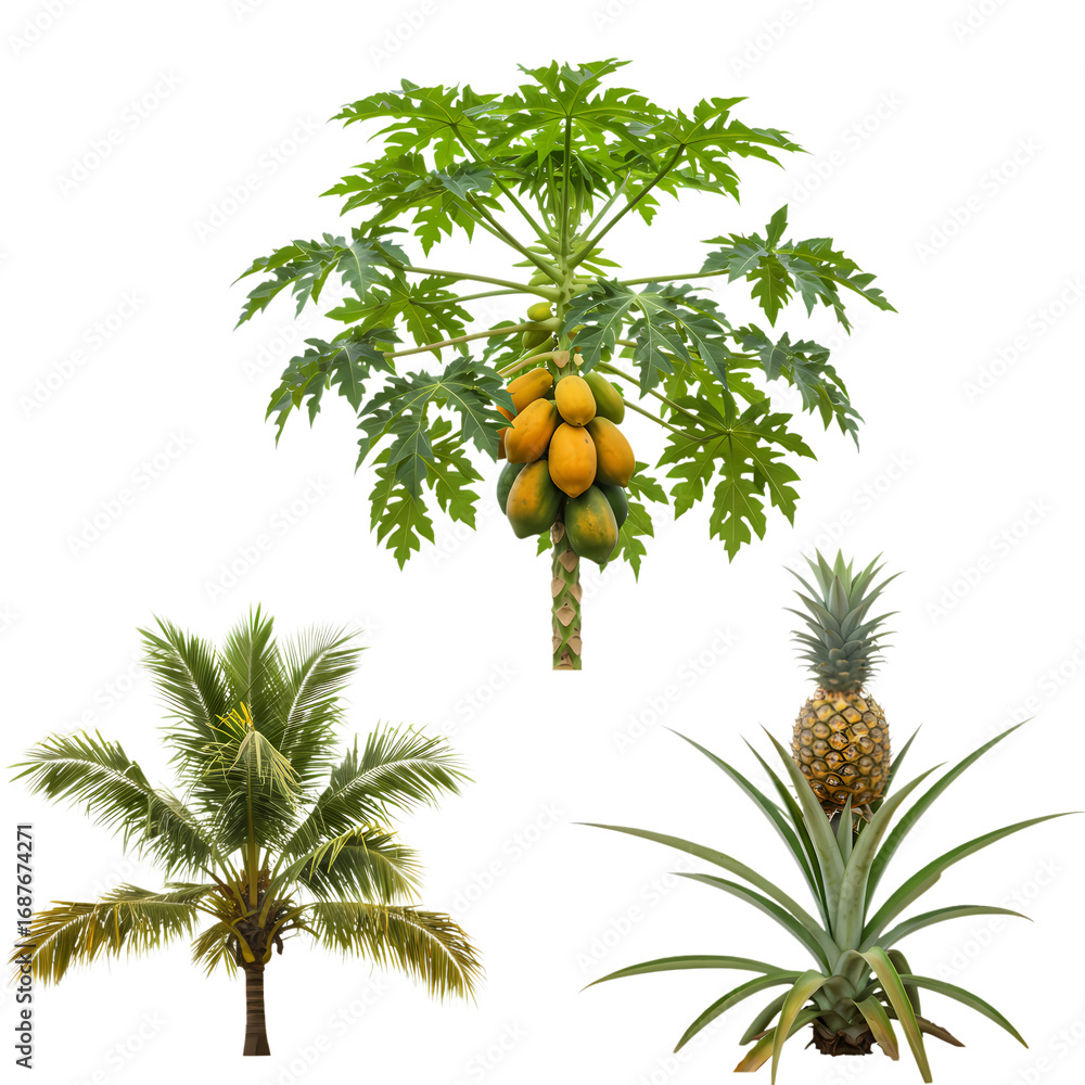Fototapeta premium Tropical Fruits: Papaya, Pineapple, Coconut Plants - Vibrant Exotic Vegetation