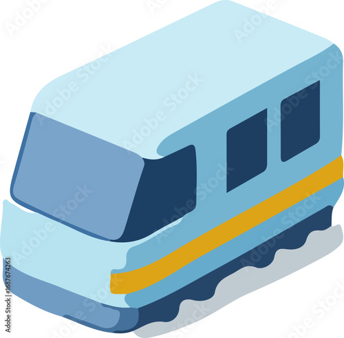 An isometric illustration of a light blue train with dark blue windows and a yellow stripe, depicting modern rail transport.