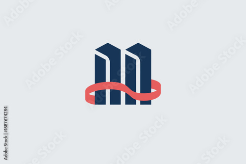 A minimalist logo featuring three dark blue pillars encircled by a wavy red ribbon on a light gray background