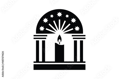 A black and white graphic of a candle with stars and columns in a stylized architectural design