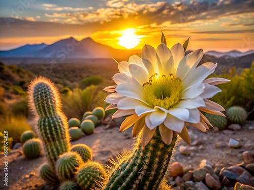Cactus flower in the desert at sunset, arizona