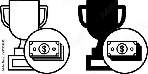 Prize Money Icons. Black and White Vector Illustration. Winner Cup and Stack of Money. Dollar Bills. Amount of Money for Rewarding Competition Participants. Reward Concept