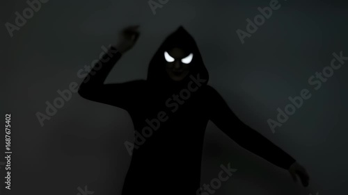 Teddy bear observing a mysterious, shadowy human figure emerging from under a bed at night, horror concept footage.