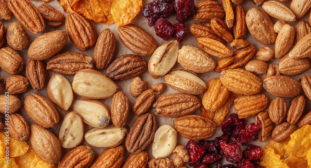 Fototapeta premium Assorted Edible Ingredients. A Textured Composition of Dried Fruits, Nuts, and Seeds.