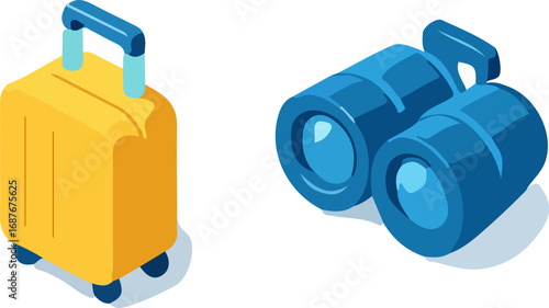 Isometric illustration of a yellow rolling suitcase and a pair of blue binoculars, representing travel and exploration.