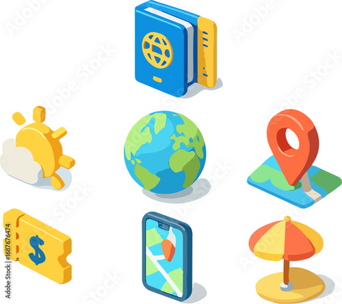 Isometric travel icons, including passport, globe, map pin, weather, ticket, phone, and umbrella.