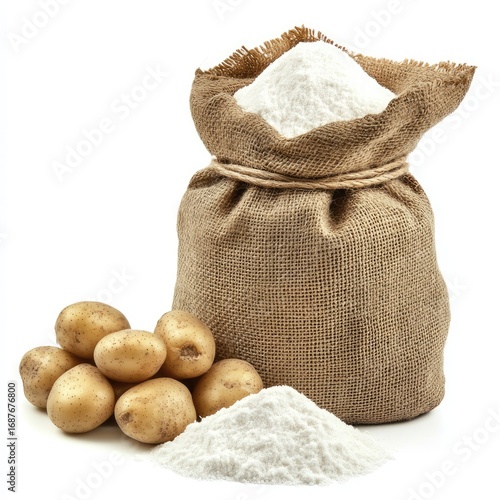 Brown burlap sack full of potatoes isolated on white background