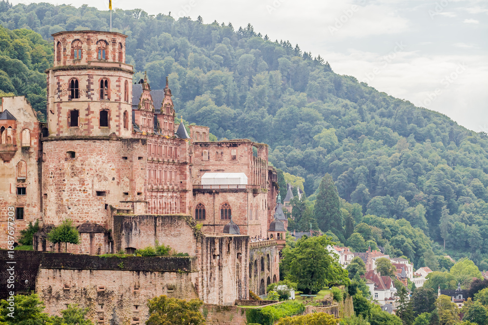 Fototapeta premium The storied walls of Heidelberg Castle, admired from Scheffelterrasse’s panoramic terrace.