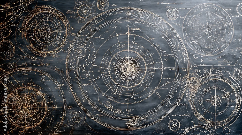 Fototapeta premium Detailed astronomical chart with circular diagrams on a dark textured background surface