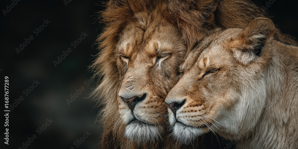 Fototapeta premium Lions resting together in close bond while surrounded by a natural setting in the early evening light
