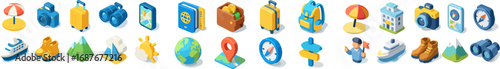 Collection of colorful travel icons representing various aspects of vacation and tourism.