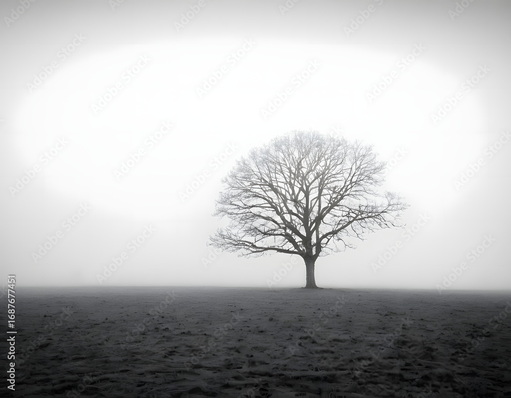 Fototapeta premium Black and White Solitary Tree in a Foggy Field - Minimalist Nature Art