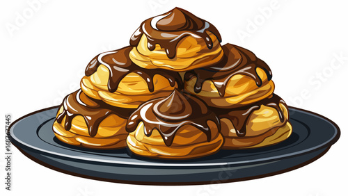 Golden profiteroles stacked gently, drizzled with chocolate sauce. On a dark refined plate, isolated white background enhances their charm, evoking festive gatherings, sweetness, and French patisserie