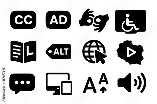 Inclusive Media Icons. Solid style icons of media access and inclusivity: closed captions icon, audio description icon, sign