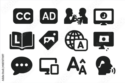Inclusive Media Icons. Solid style icons of media access and inclusivity: closed captions icon, audio description icon, sign