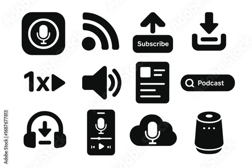 Podcast Platform Icons. Solid style icons of podcast apps and platforms: podcast app icon, RSS feed logo, subscribe button,