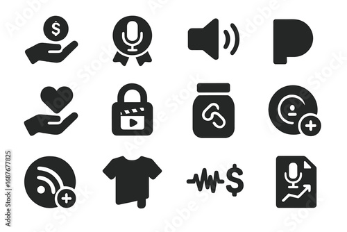 Podcast Monetization Icons. Solid style icons of podcast monetization and support: donation icon, sponsorship badge, ad read