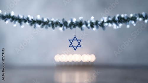 Star symbol suspended among twinkling lights creates serene ambi